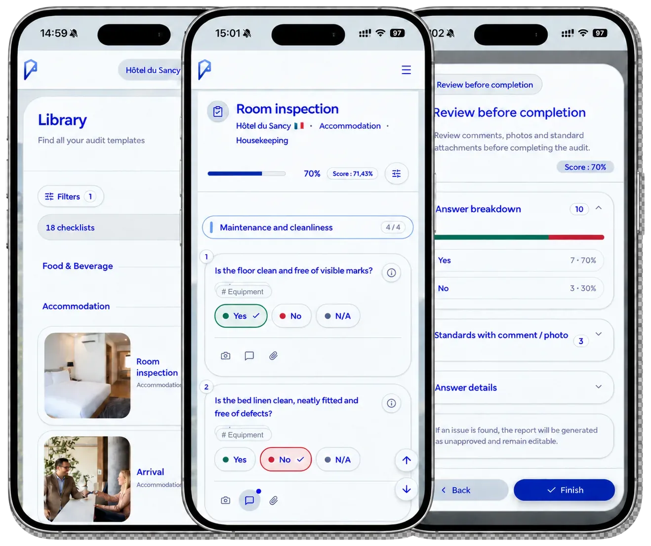 Point Audit audit workflow displayed on three smartphones
